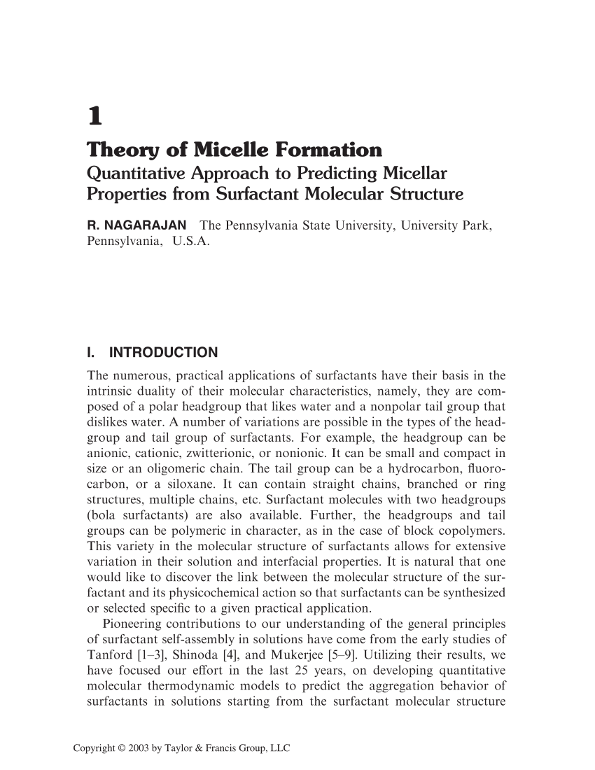 Pdf Theory Of Micelle Formation Quantitative Approach To Predicting Micellar Properties From Surfactant Molecular Structure