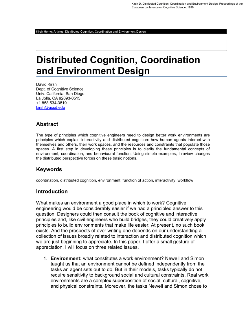 Pdf Distrubuted Cognition Coordination And Environmental Design