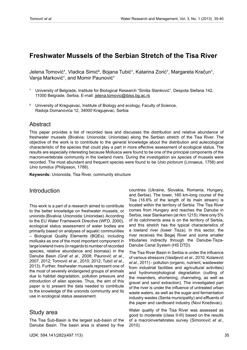 PDF) Freshwater Mussels of the Serbian Stretch of the Tisa River