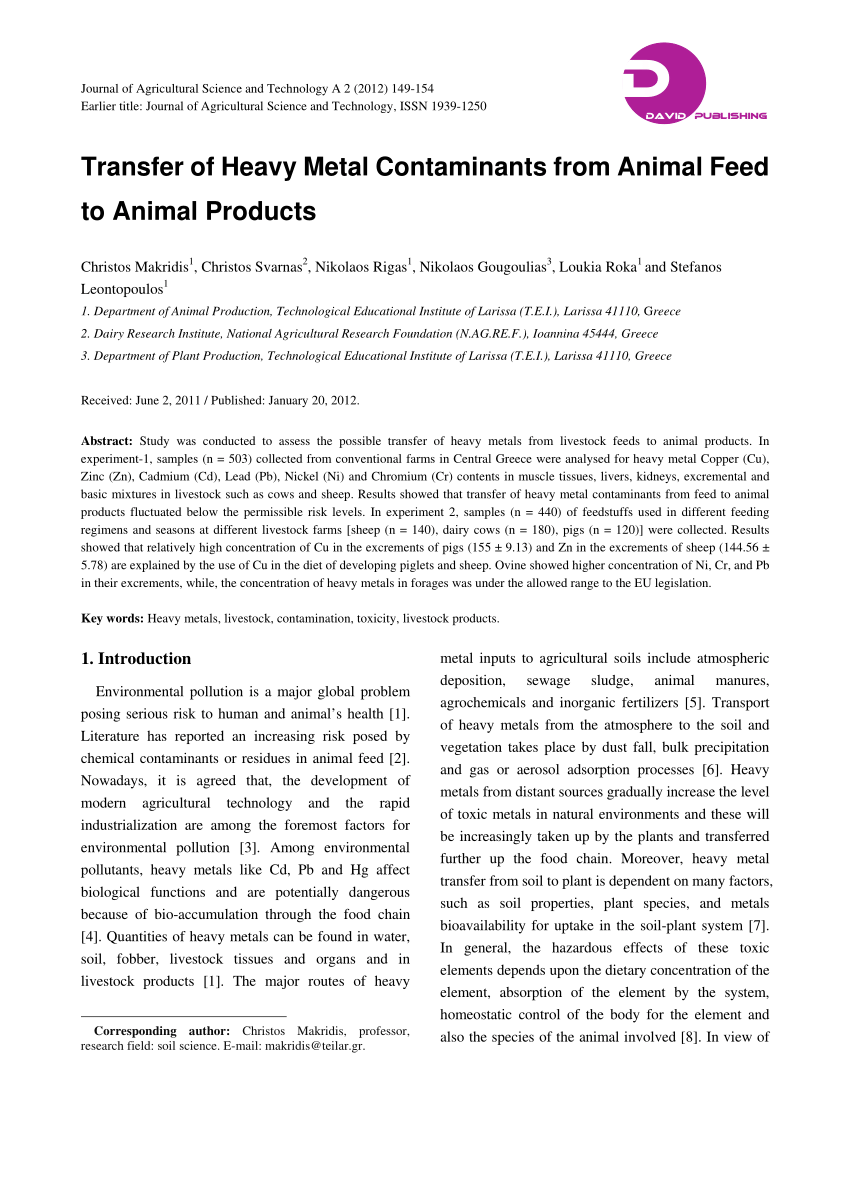 PDF) Transfer of Heavy Metal Contaminants from Animal Feed to Animal  Products