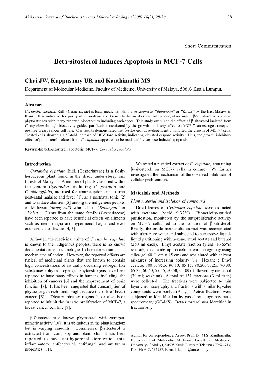 PDF Beta sitosterol Induces Apoptosis in MCF7 Cells