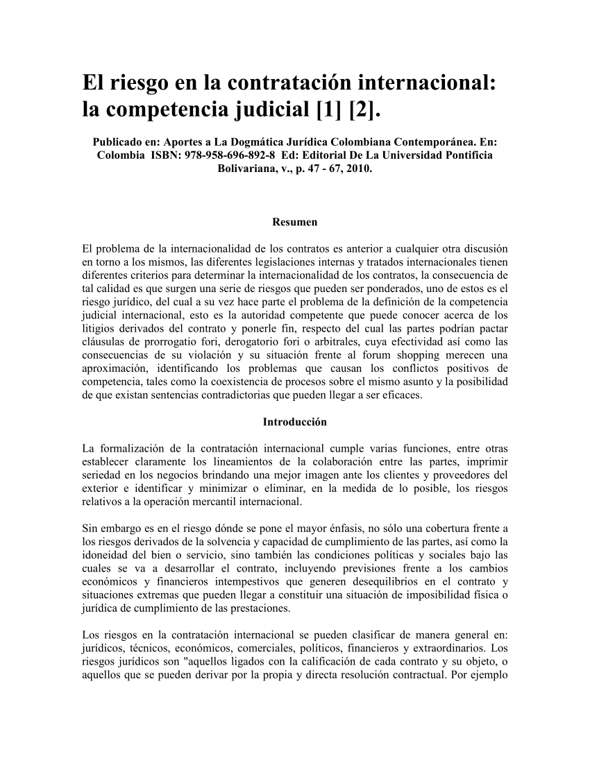 Pdf El Riesgo En La Contratacion Internacional La Competencia Judicia