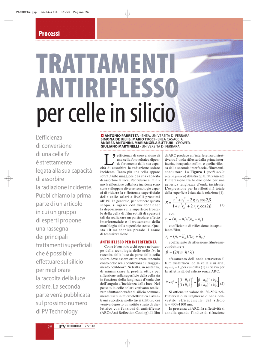 PDF) Trattamenti antiriflesso per celle in Silicio, Parte I