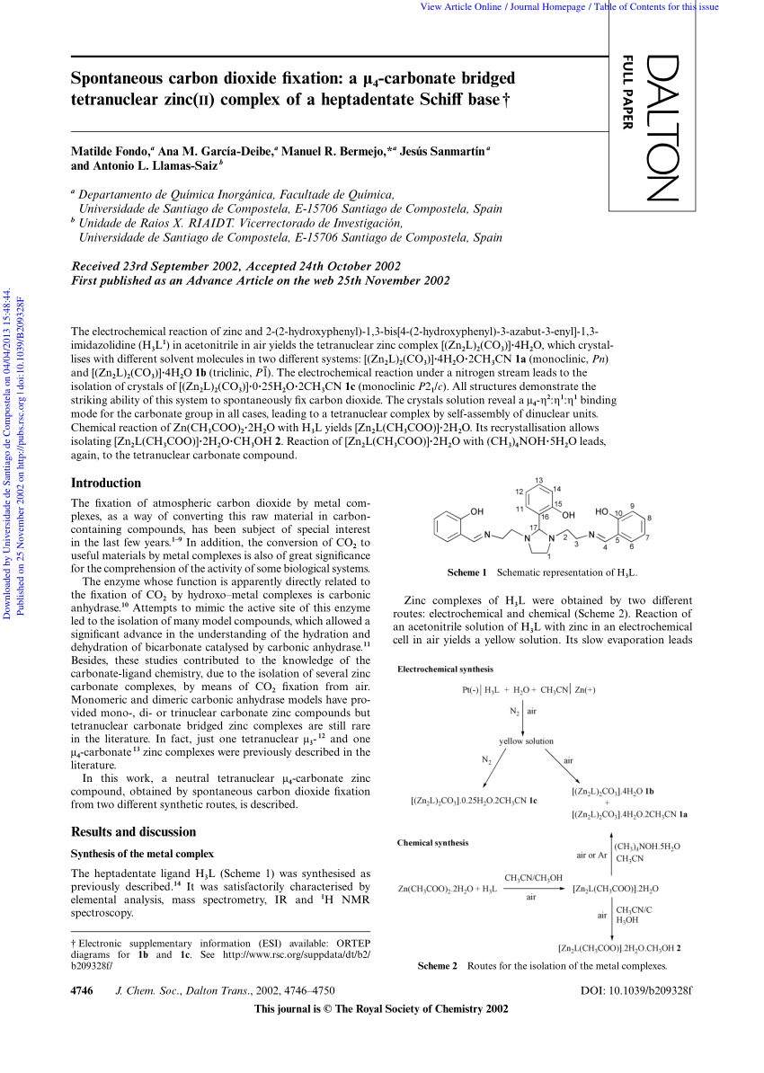 Pdf Spontaneous Carbon Dioxide Fixation A µ4 Carbonate Bridged Tetranuclear Zinc Ii Complex Of A Heptadentate Schiff Base