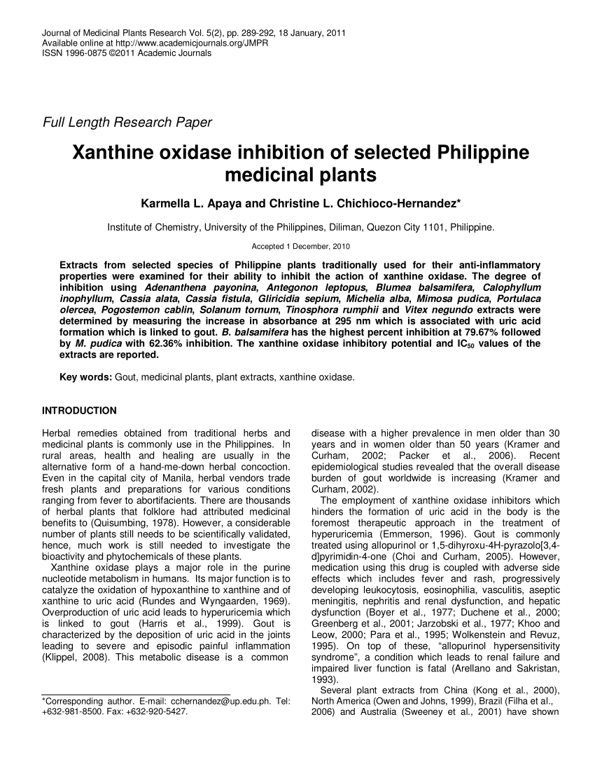 Pdf Xanthine Oxidase Inhibitors From Selected Philippine Plants