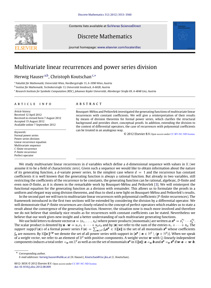 Pdf Multivariate Linear Recurrences And Power Series Division