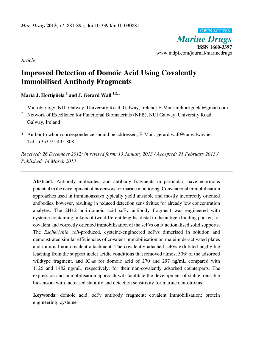 (PDF) Improved Detection of Domoic Acid Using Covalently Immobilised