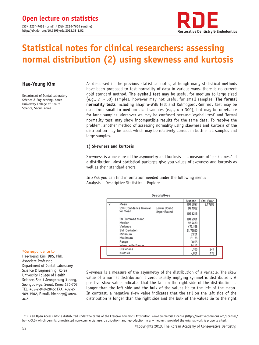 Pdf Statistical Notes For Clinical Researchers Assessing Normal Distribution 2 Using Skewness And Kurtosis