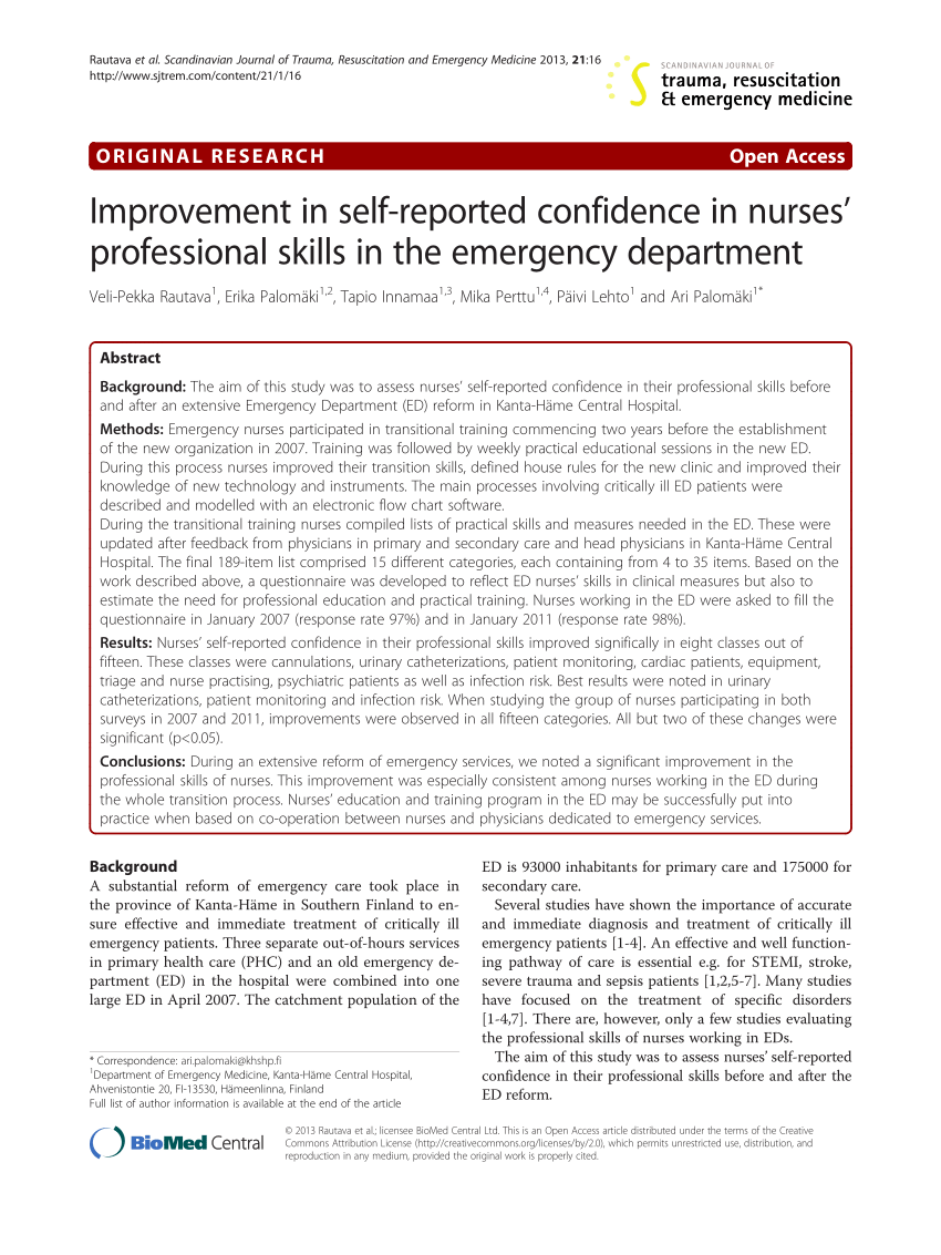 PDF) Improvement in self-reported confidence in nurses' professional skills  in the emergency department