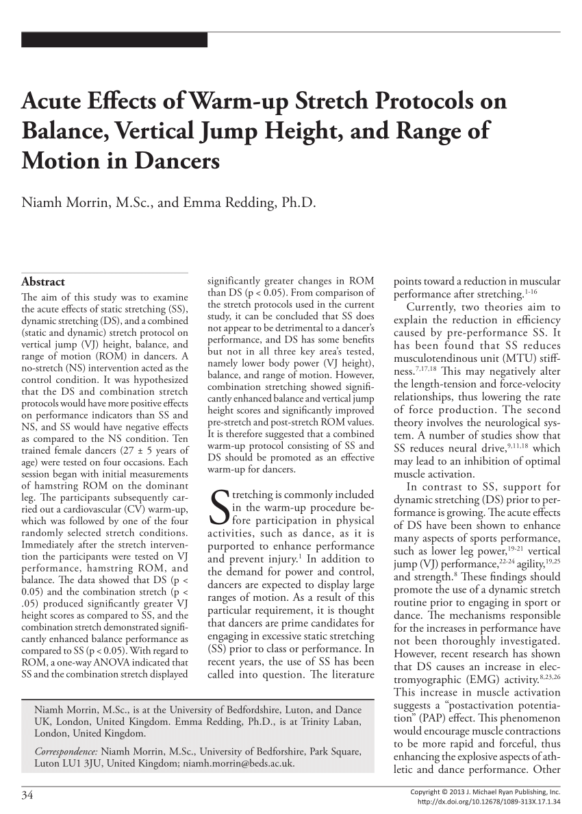 Pdf Acute Effects Of Warm Up Stretch Protocols On Balance Vertical Jump Height And Range Of Motion In Dancers