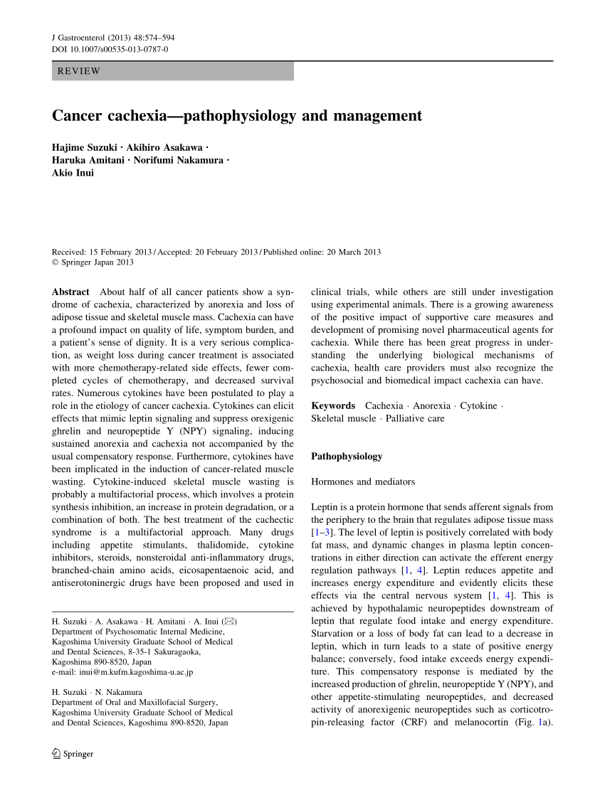 Pdf Cancer Cachexia Pathophysiology And Management