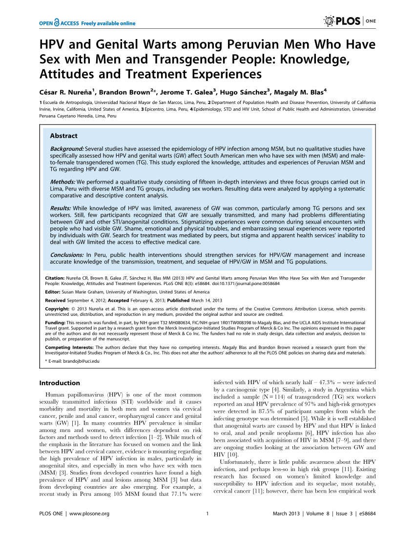 PDF) HPV and Genital Warts among Peruvian Men Who Have Sex with Men and Transgender People Knowledge, Attitudes and Treatment Experiences photo