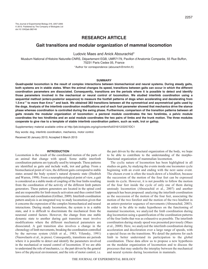 (PDF) Gait transitions and modular organization of mammal locomotion