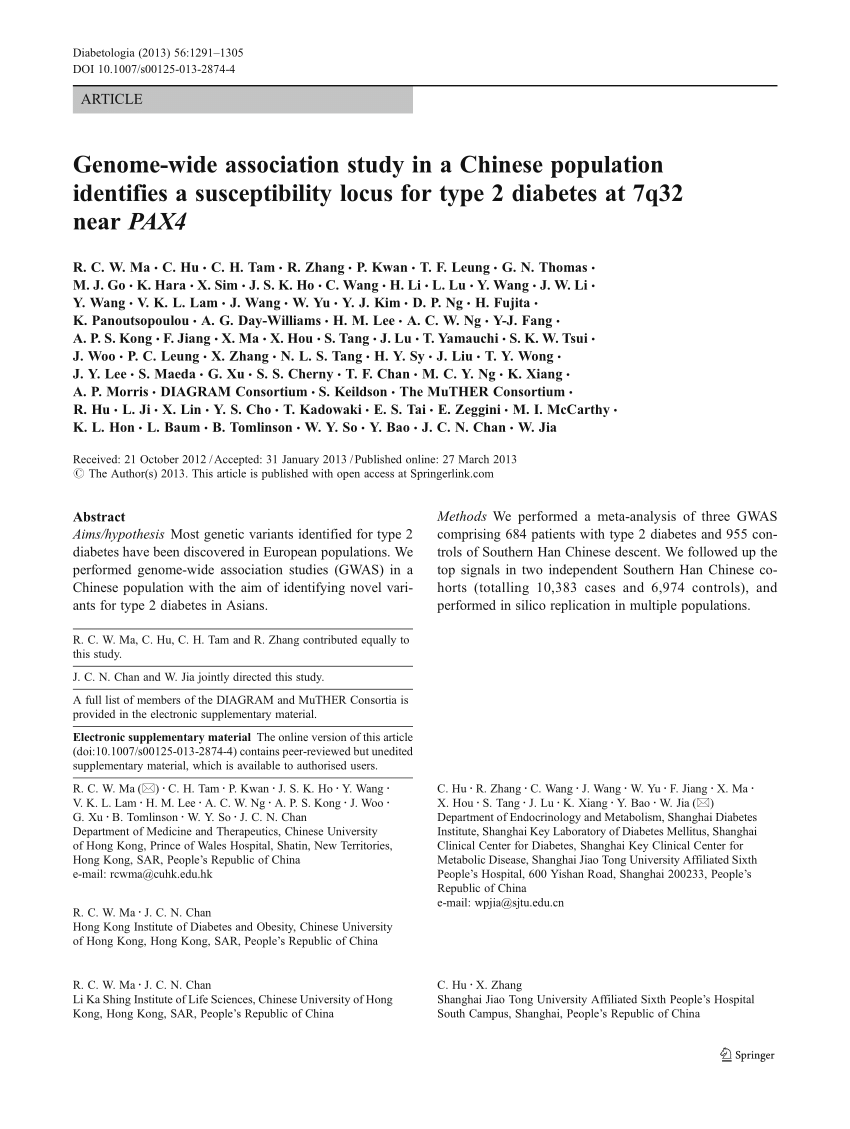 Pdf Genome Wide Association Study In A Chinese Population Identifies A Susceptibility Locus For Type 2 Diabetes At 7q32 Near Pax4