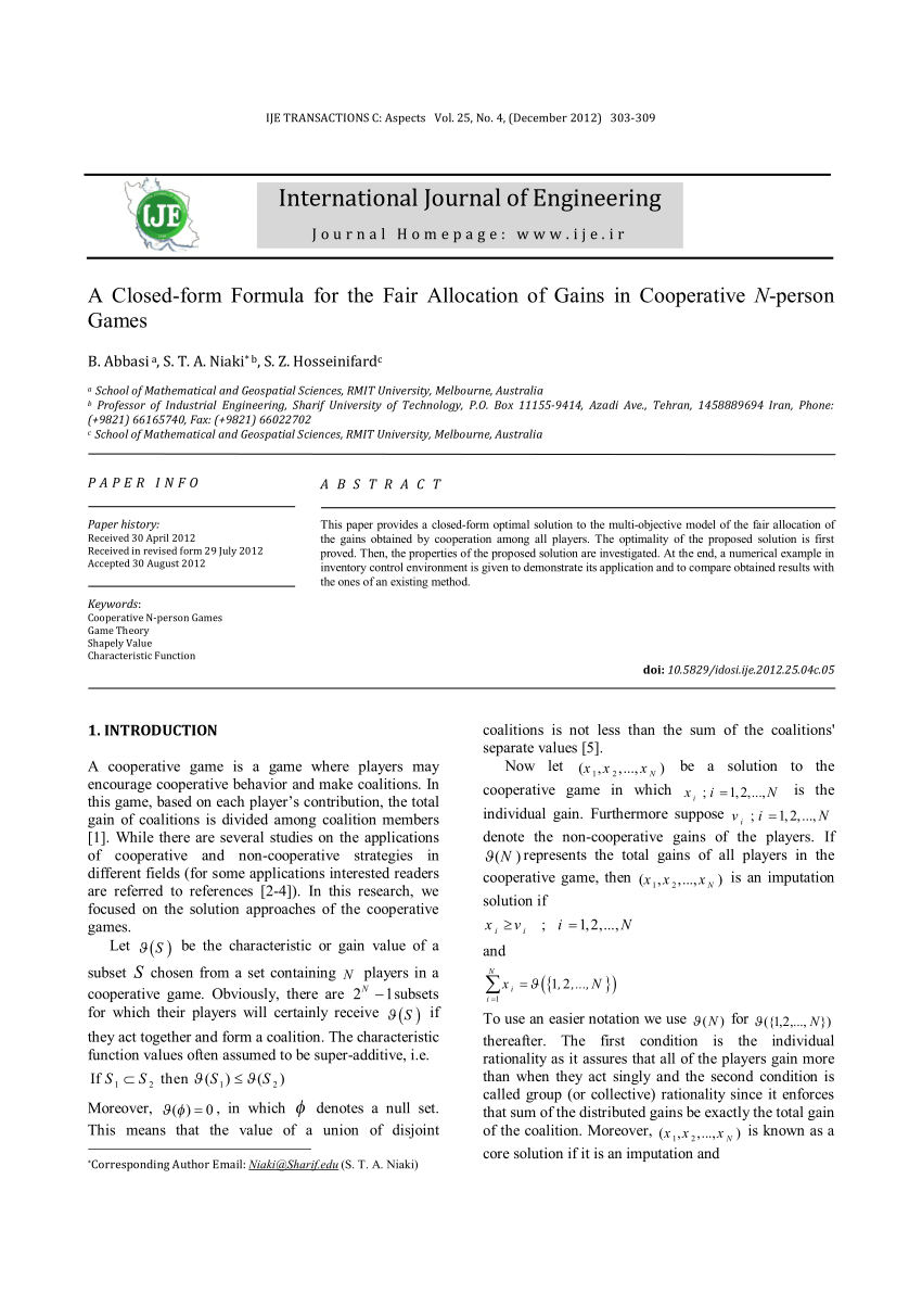 Pdf A Closed Form Formula For The Fair Allocation Of Gains In Cooperative N Person Games