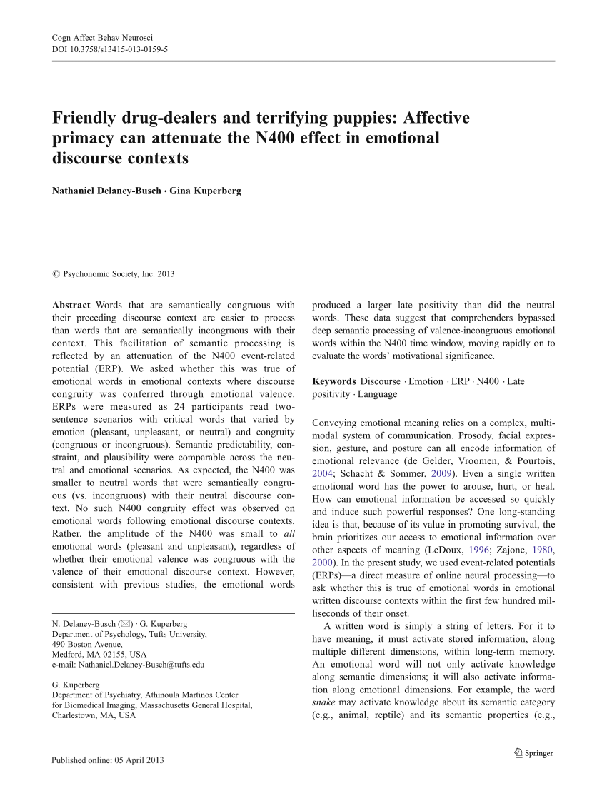 Pdf Friendly Drug Dealers And Terrifying Puppies Affective Primacy Can Attenuate The N400 Effect In Emotional Discourse Contexts