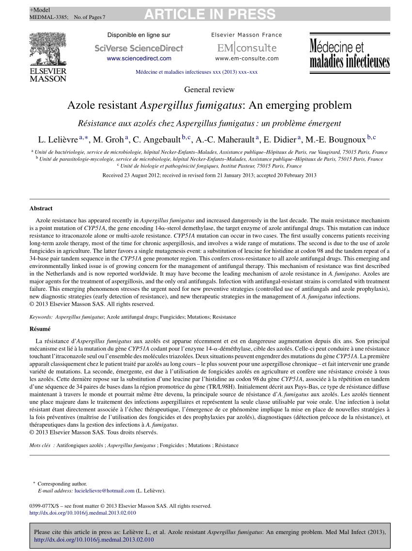 PDF Azole resistant Aspergillus fumigatus An emerging problem 