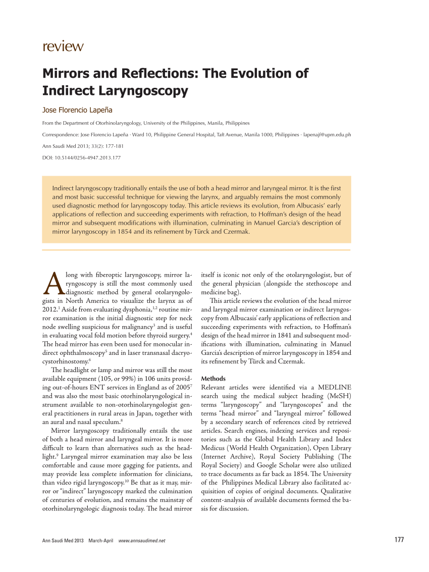 Pdf Mirrors And Reflections The Evolution Of Indirect Laryngoscopy