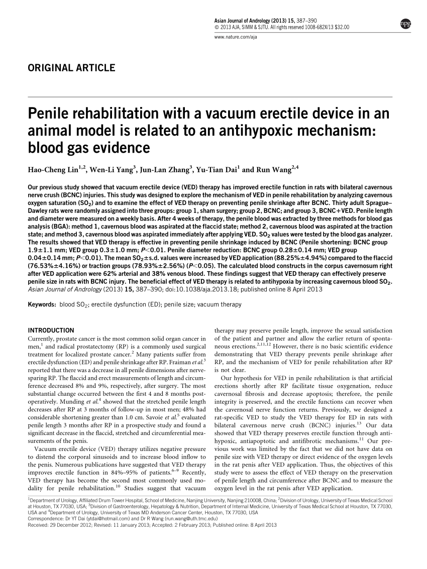 PDF) Penile rehabilitation with a vacuum erectile device in an animal model  is related to an antihypoxic mechanism: Blood gas evidence