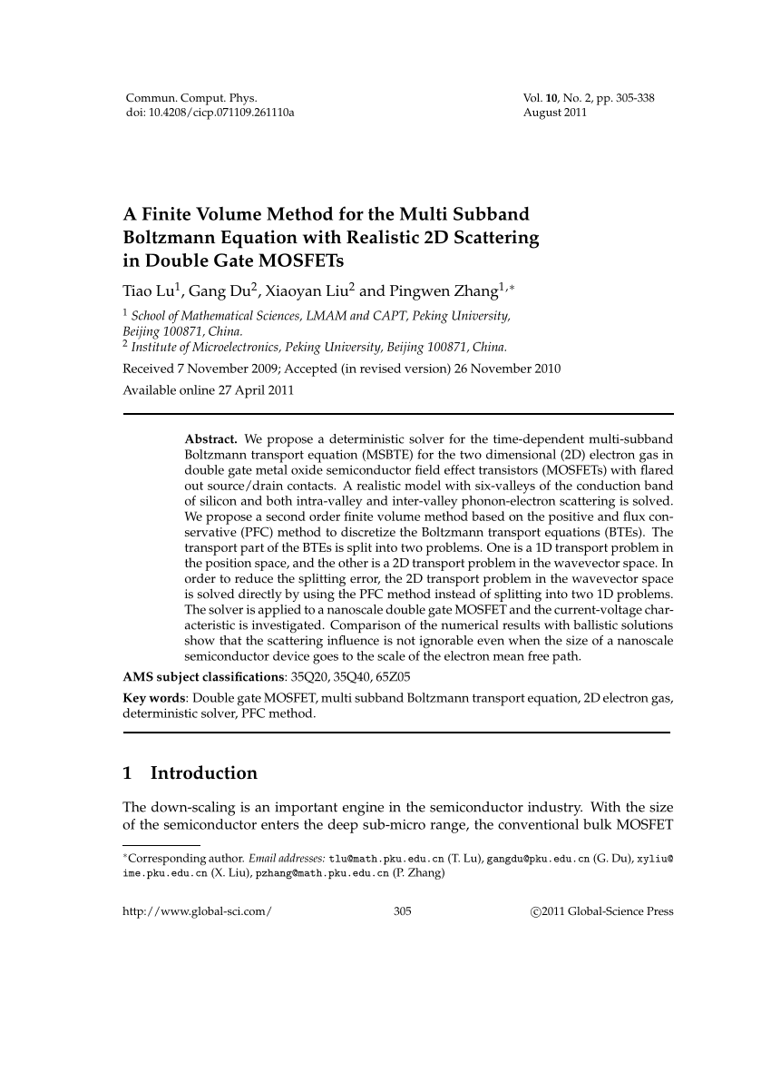 Pdf A Finite Volume Method For The Multi Subband Boltzmann Equation With Realistic 2d Scattering In Dg Mosfets