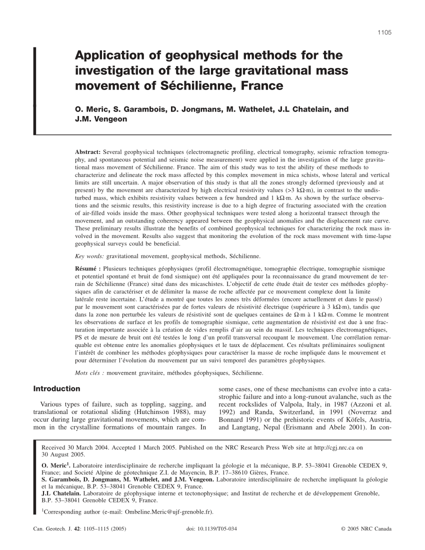 Pdf Application Of Geophysical Methods For The Investigation Of The Large Gravitational Mass Movement Of S Chilienne France