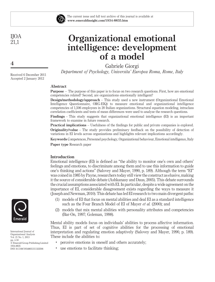 PDF Organizational emotional intelligence. Development of a model