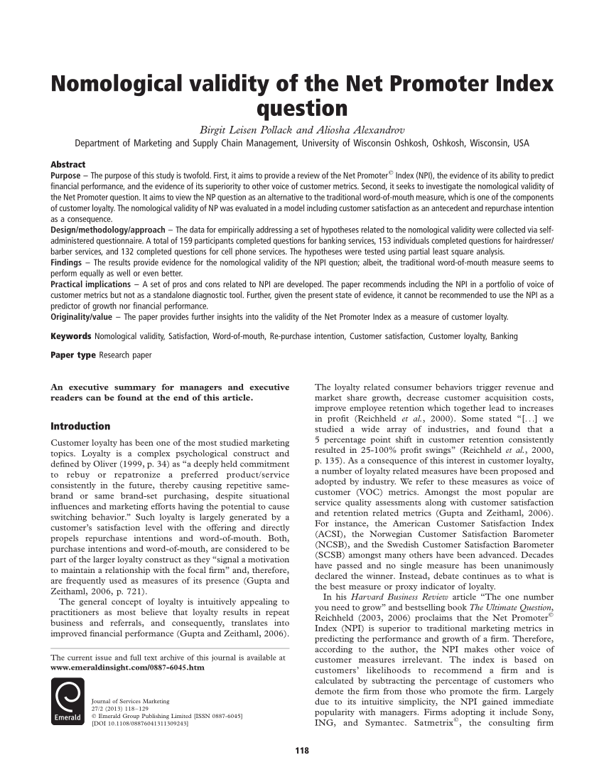 Pdf Nomological Validity Of The Net Promoter C Index Question