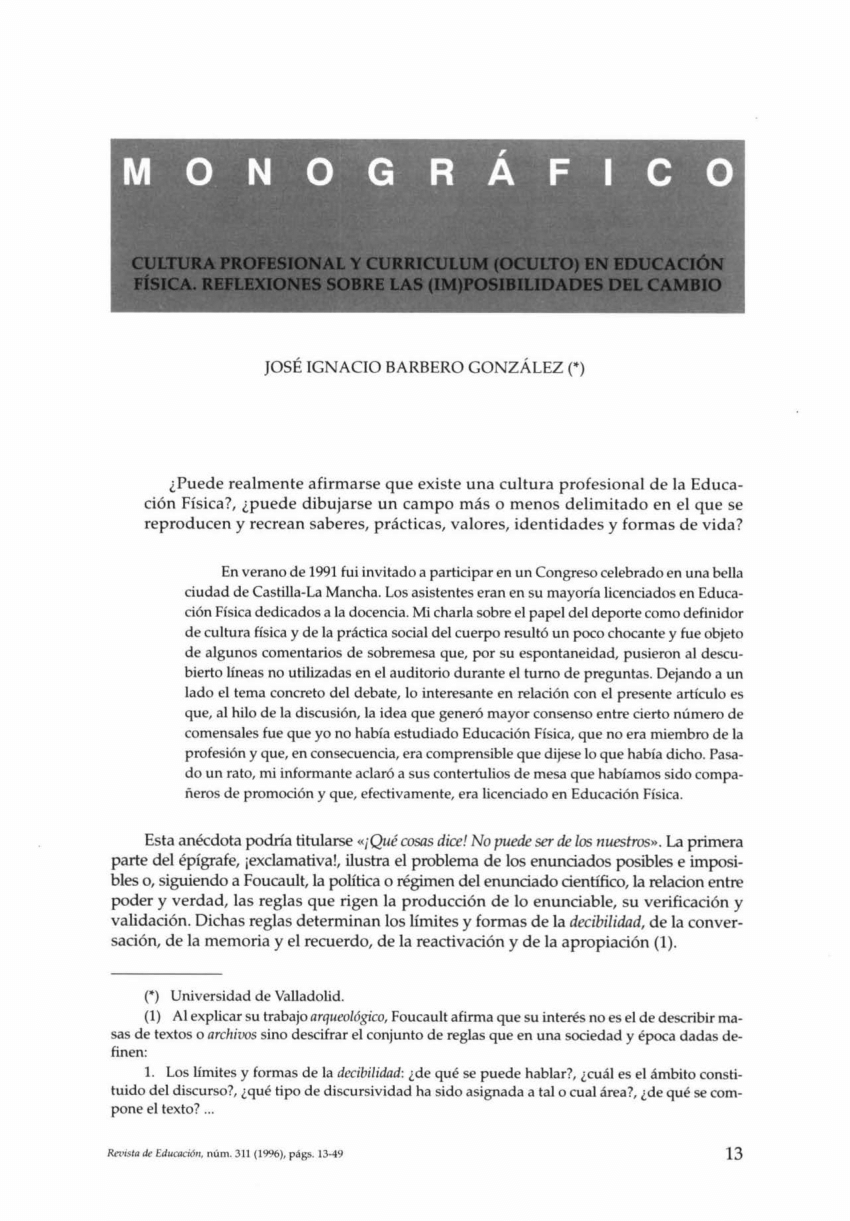 PDF) Cultura profesional y currículum (oculto) en Educación Física.  Reflexiones sobre las (im)posibilidades del cambio.