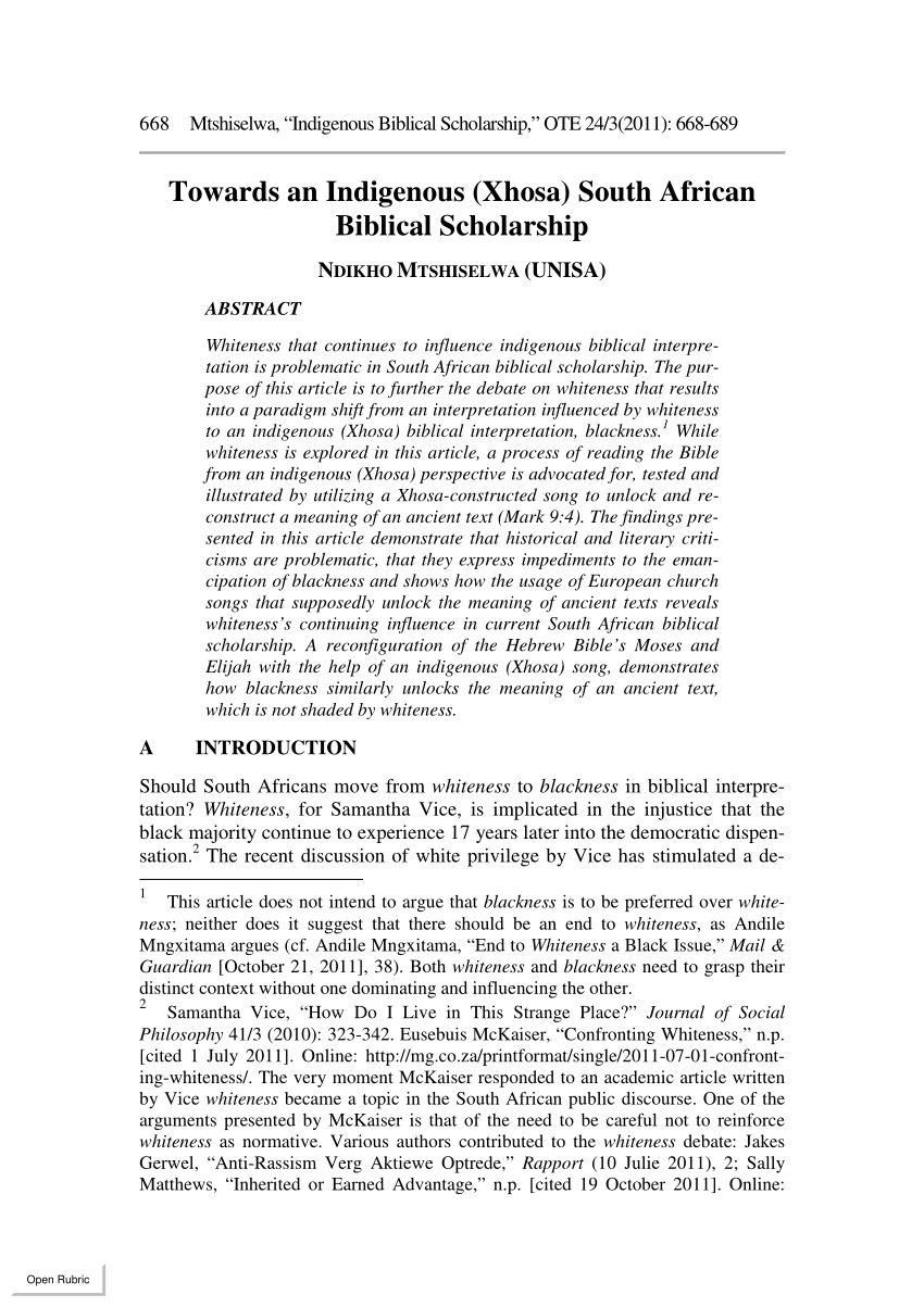 (PDF) Towards an Indigenous (Xhosa) South African Biblical Scholarship