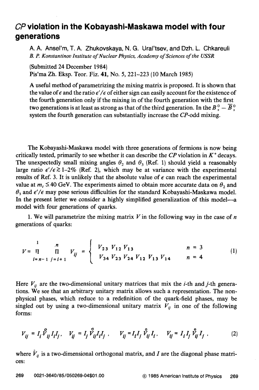 Pdf Cp Violation In The Kobayashi Maskawa Model With Four Generations