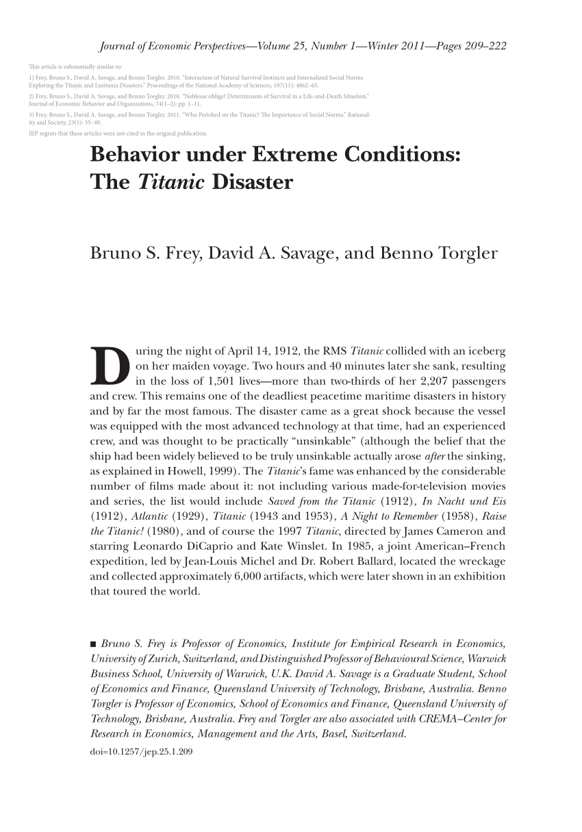 PDF) Behavior under Extreme Conditions: The Titanic Disaster