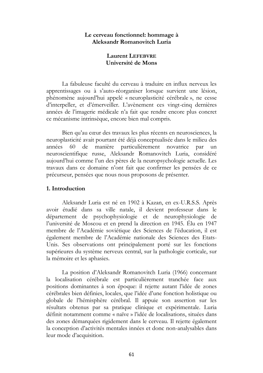 Pdf Le Cerveau Fonctionnel Hommage à Aleksandr - 