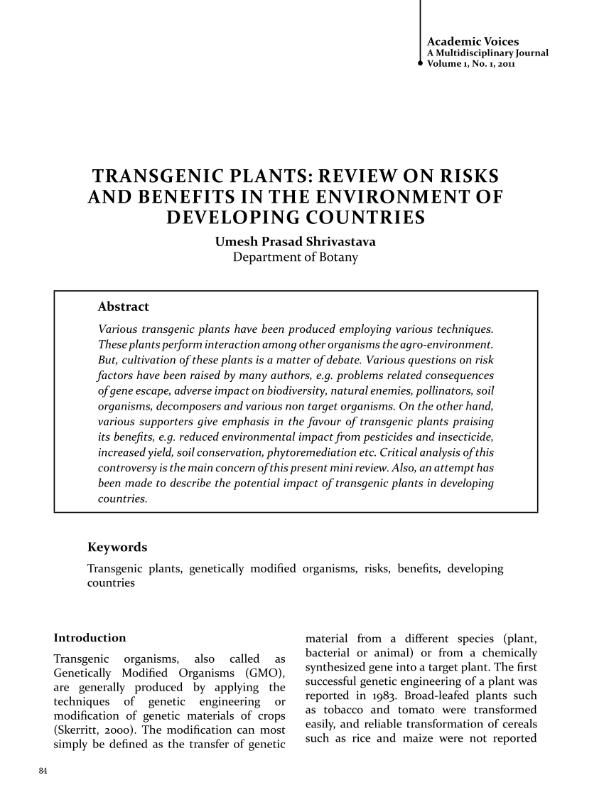PDF) Transgenic Plants: Review on Risks and Benefits in the Environment of  Developing Countries