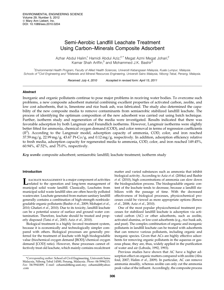 Pdf Semi Aerobic Landfill Leachate Treatment Using Carbon Minerals Composite Adsorbent