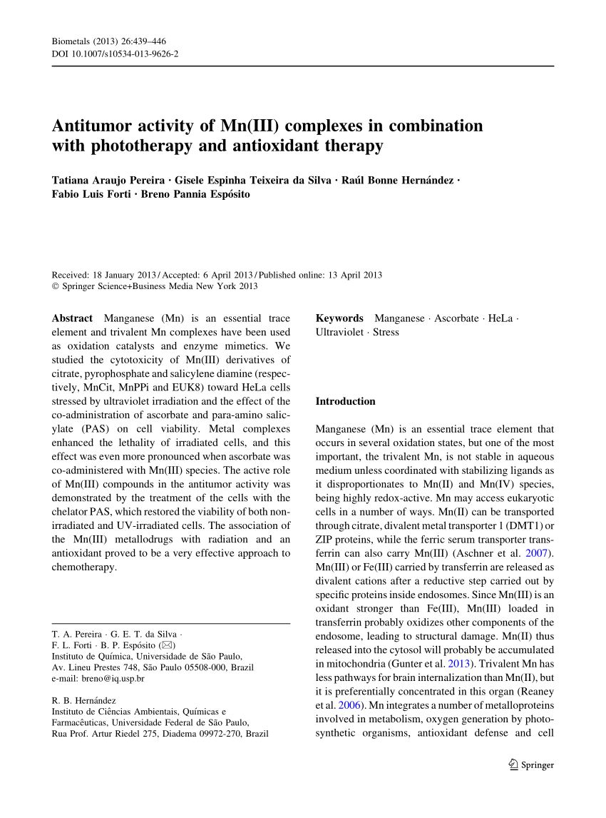 Pdf Antitumor Activity Of Mn Iii Complexes In Combination With Phototherapy And Antioxidant Therapy