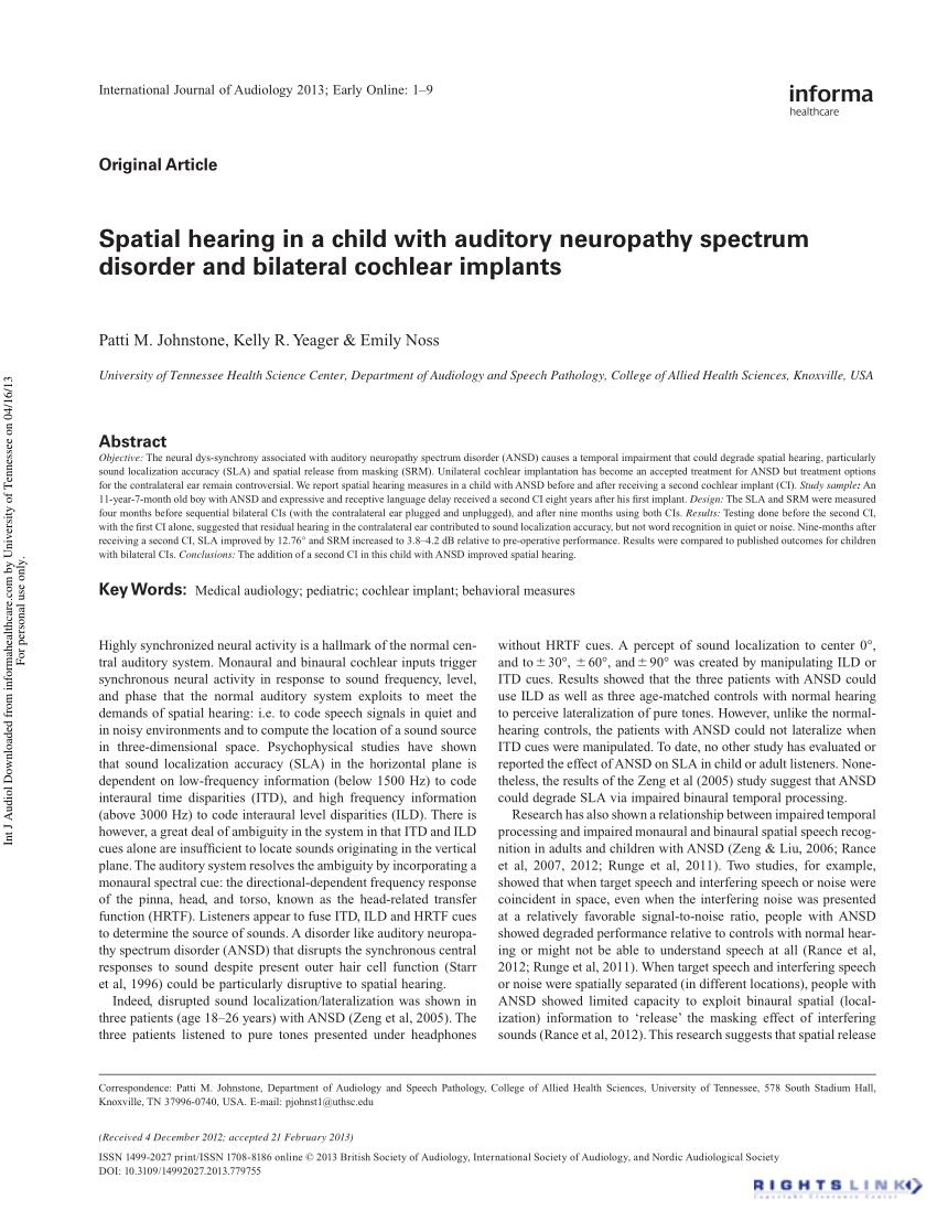 Pdf Spatial Hearing In A Child With Auditory Neuropathy Spectrum