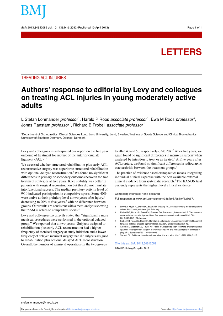 (PDF) TREATING ACL INJURIES Authors' response to editorial by Levy and
