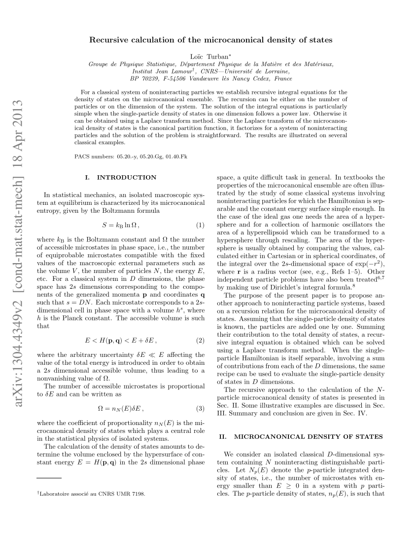 Pdf Recursive Calculation Of The Microcanonical Density Of States