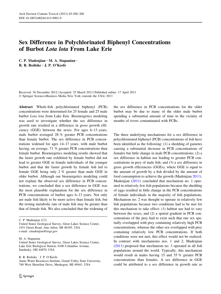Pdf Sex Difference In Polychlorinated Biphenyl Concentrations Of