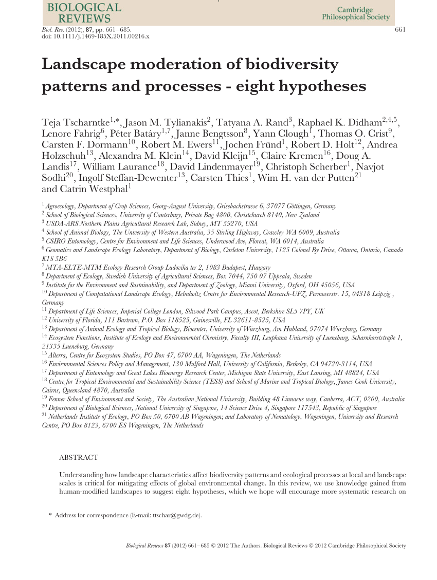 Pdf Tscharntke Et Al 2012 Landscape Moderation Of Biodiversity Patterns And Processes Eight Hypotheses