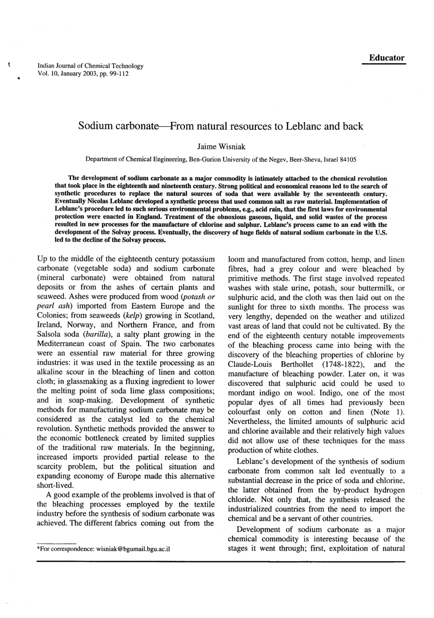 PDF) Sodium Carbonate – From Natural Sources to Leblanc and Back