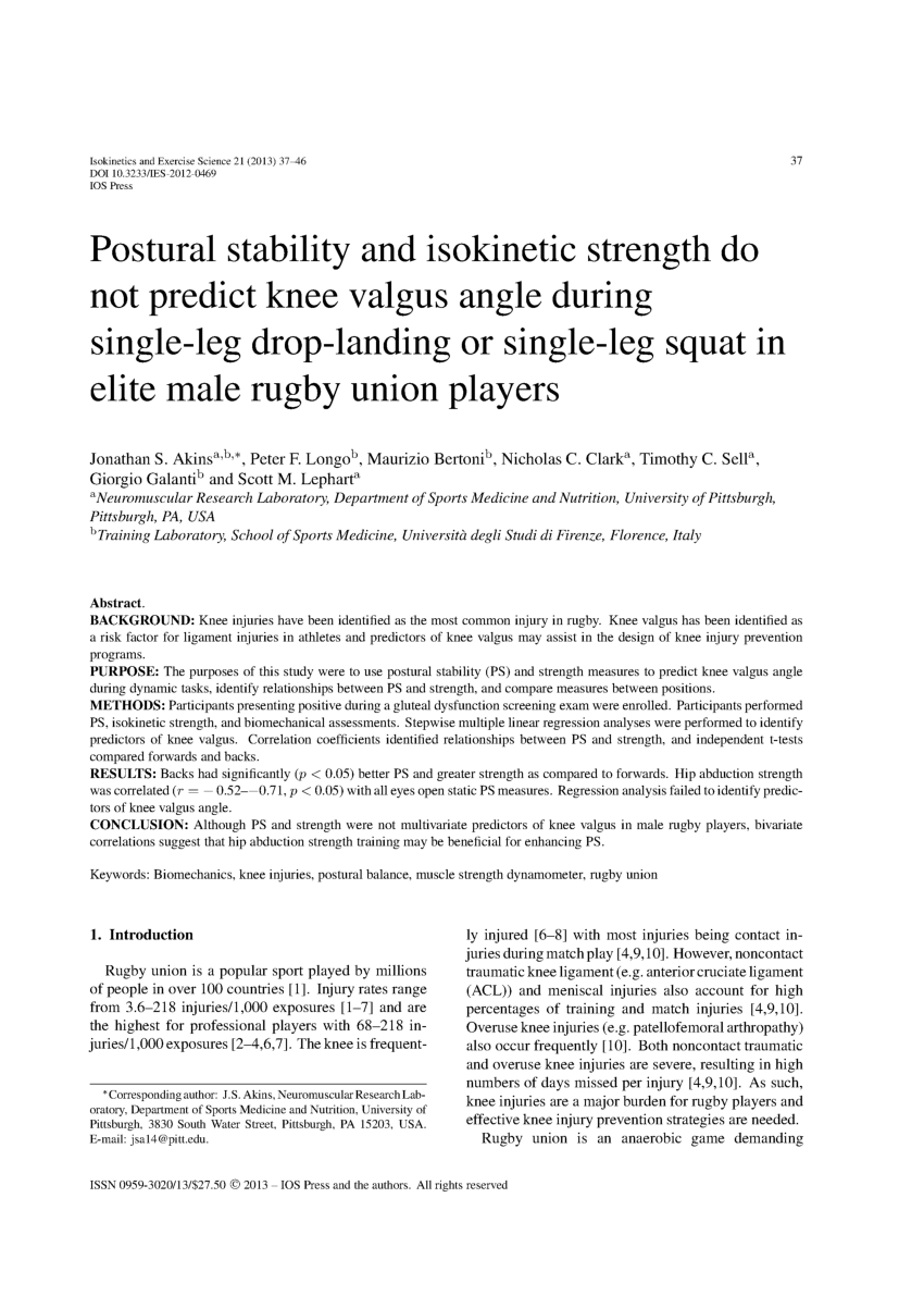 PDF) Postural stability and isokinetic strength do not predict knee valgus  angle during single-leg drop-landing or single-leg squat in elite male  rugby union players