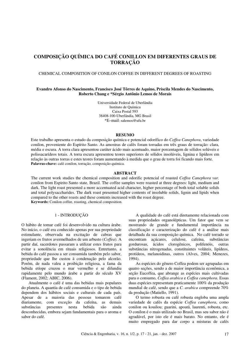 PDF) CHEMICAL COMPOSITION OF CONILON COFFEE IN DIFFERENT DEGREES