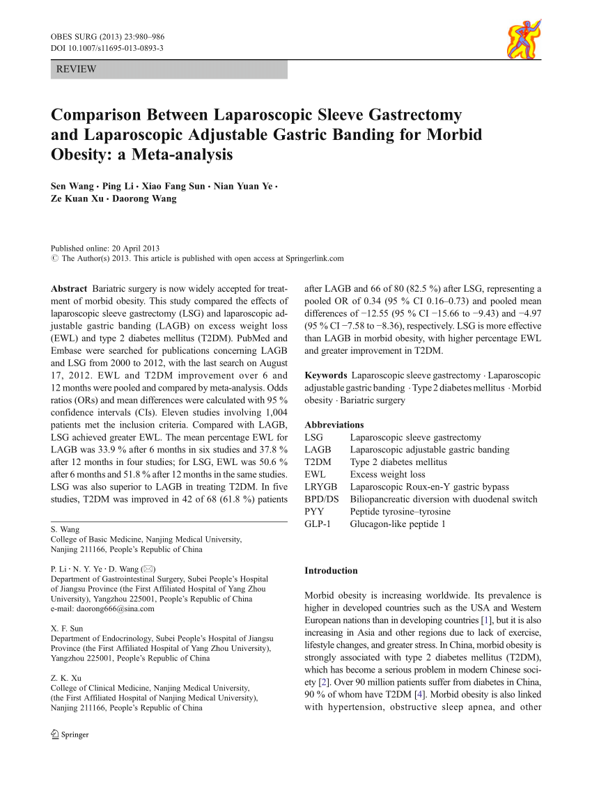 Pdf Comparison Between Laparoscopic Sleeve Gastrectomy And Laparoscopic Adjustable Gastric Banding For Morbid Obesity A Meta Analysis