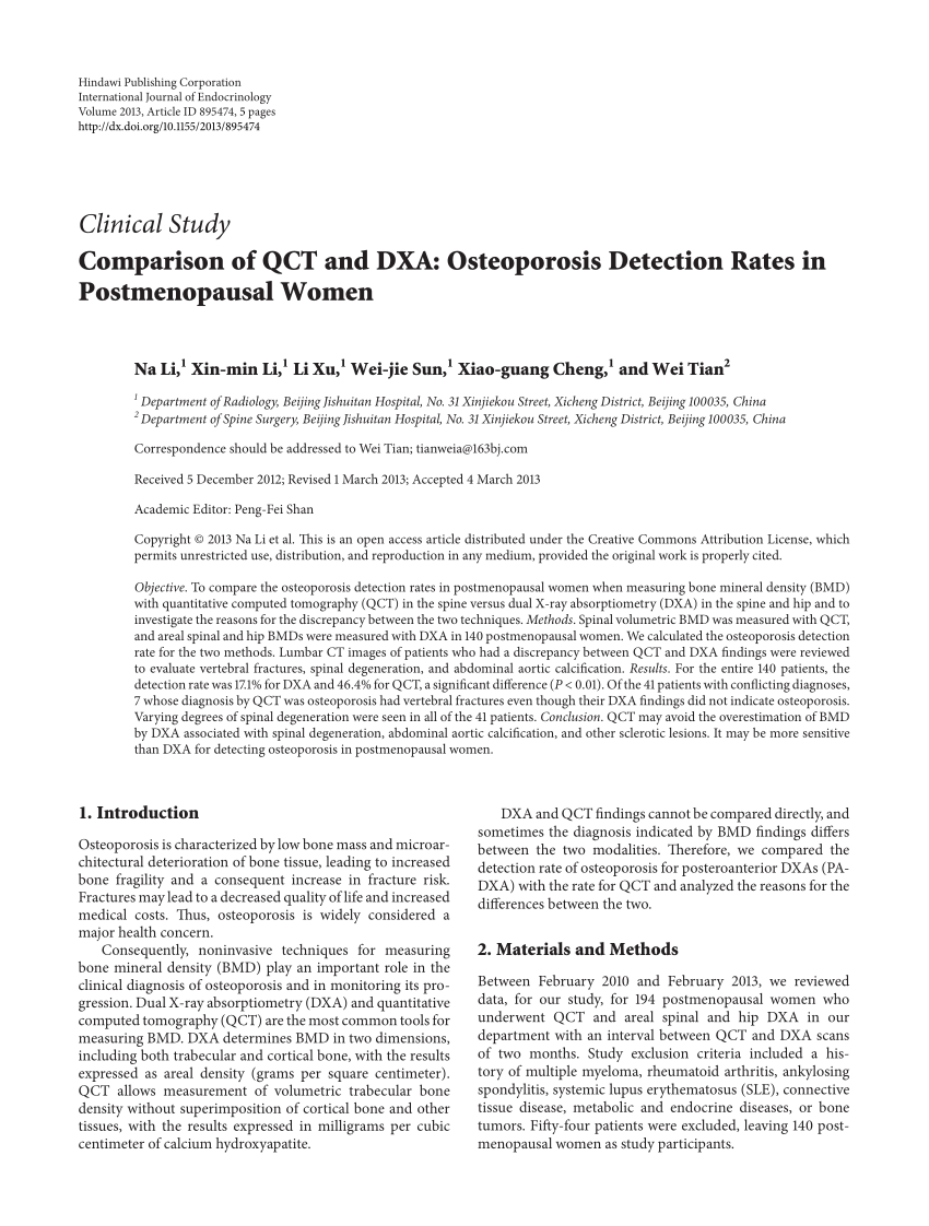 Pdf Comparison Of Qct And Dxa Osteoporosis Detection Rates In Postmenopausal Women