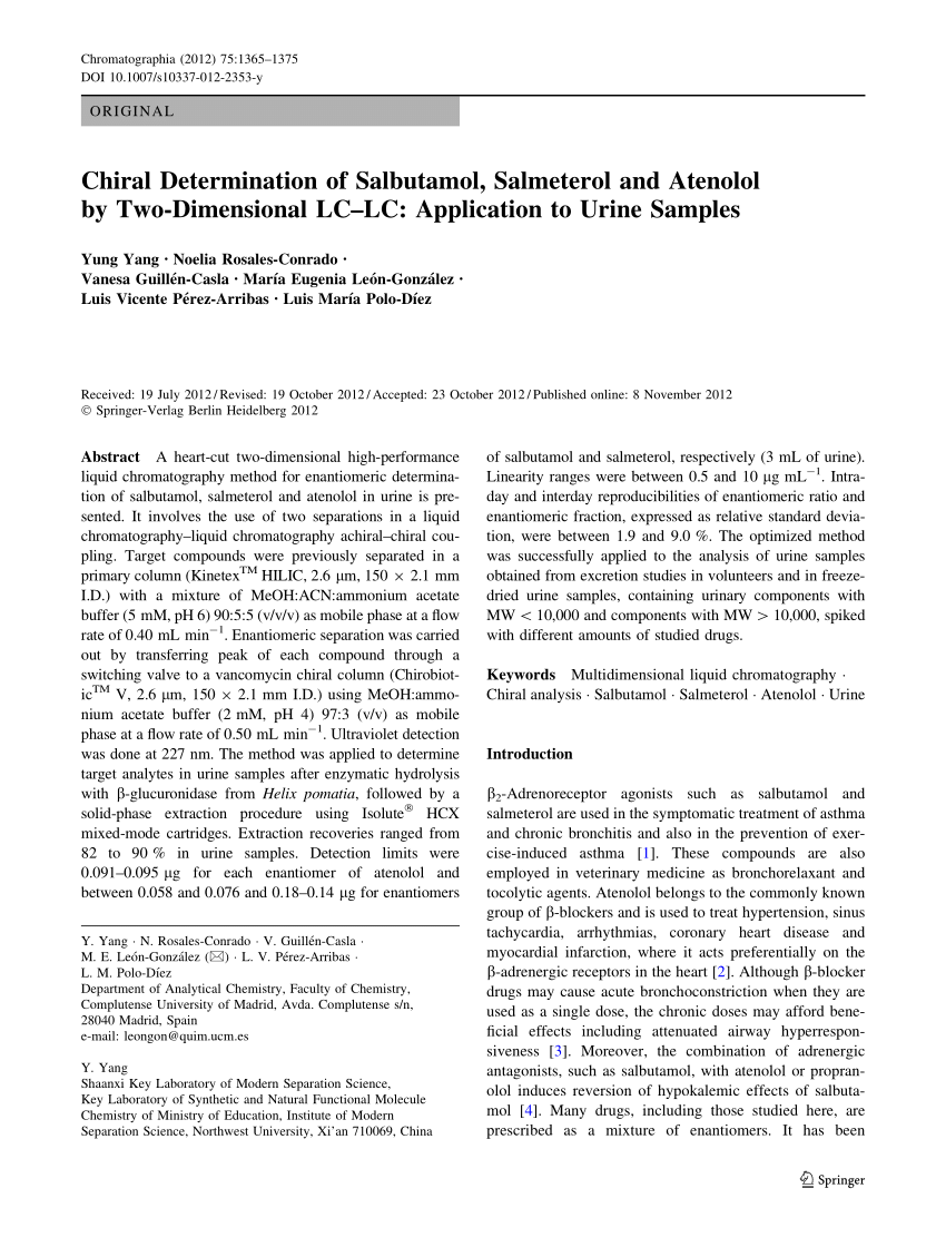 Pdf Chiral Determination Of Salbutamol Salmeterol And Atenolol By Two Dimensional Lc Lc Application To Urine Samples