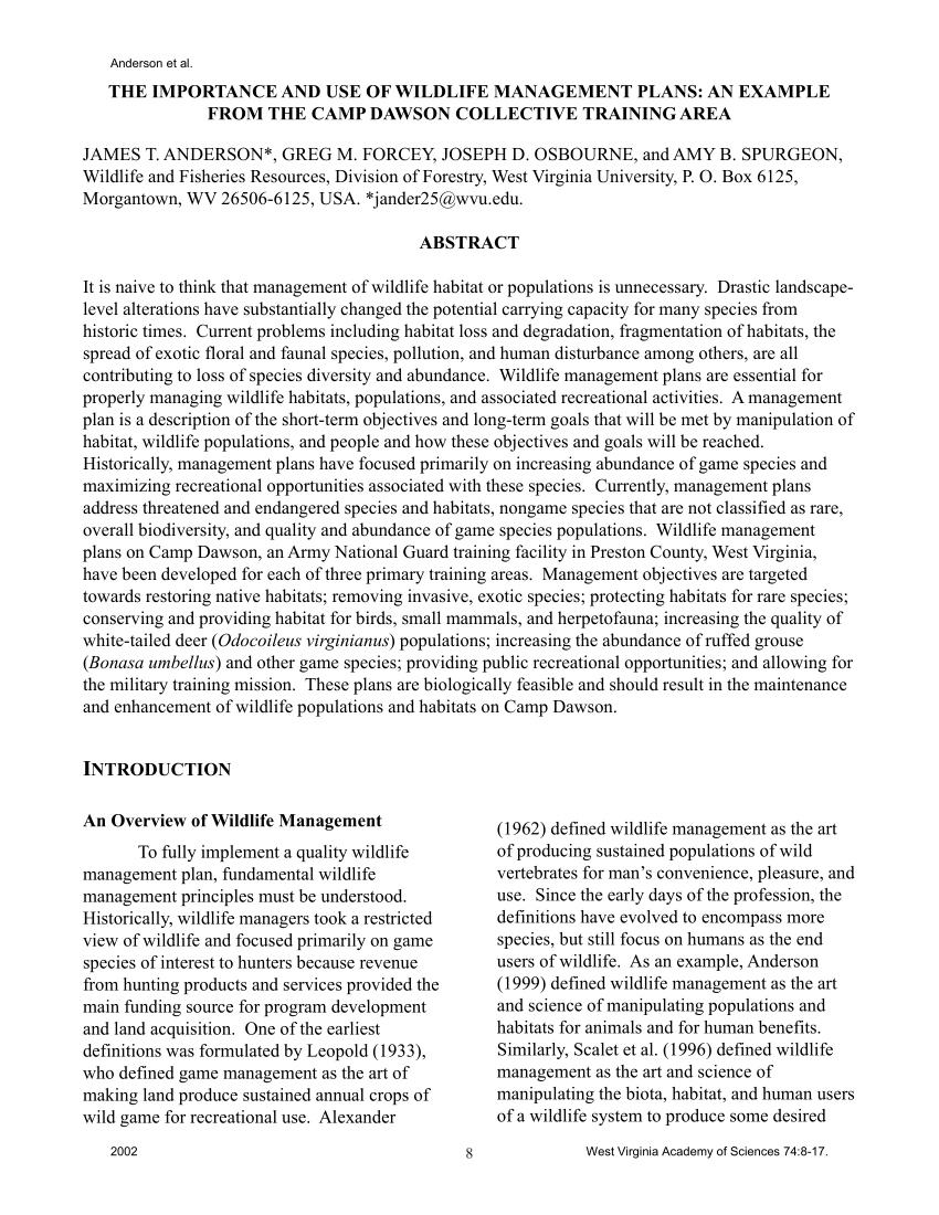 (PDF) The Importance And Use Of Wildlife Management Plans: An Example