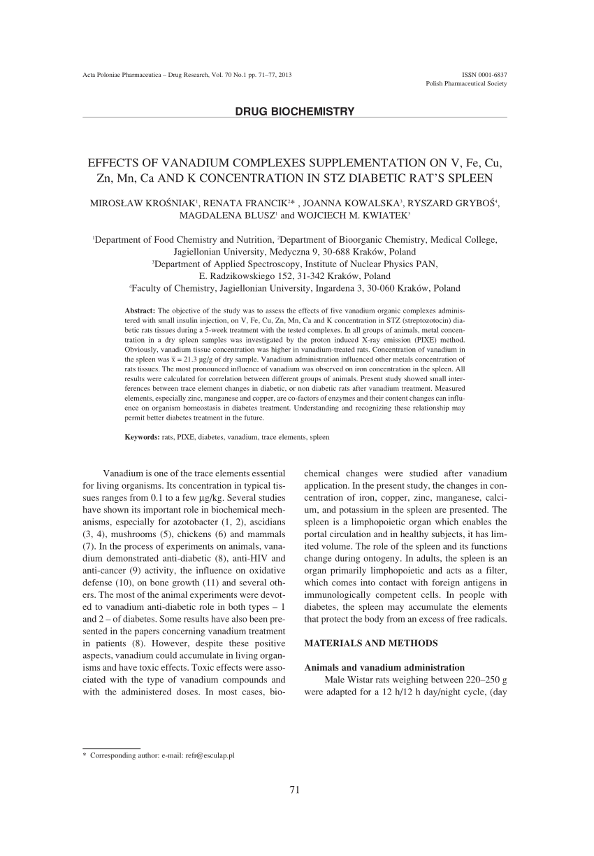 Pdf Effects Of Vanadium Complexes Supplementation On V Fe Cu Zn Mn Ca And K Concentration In Stz Diabetic Rat S Spleen