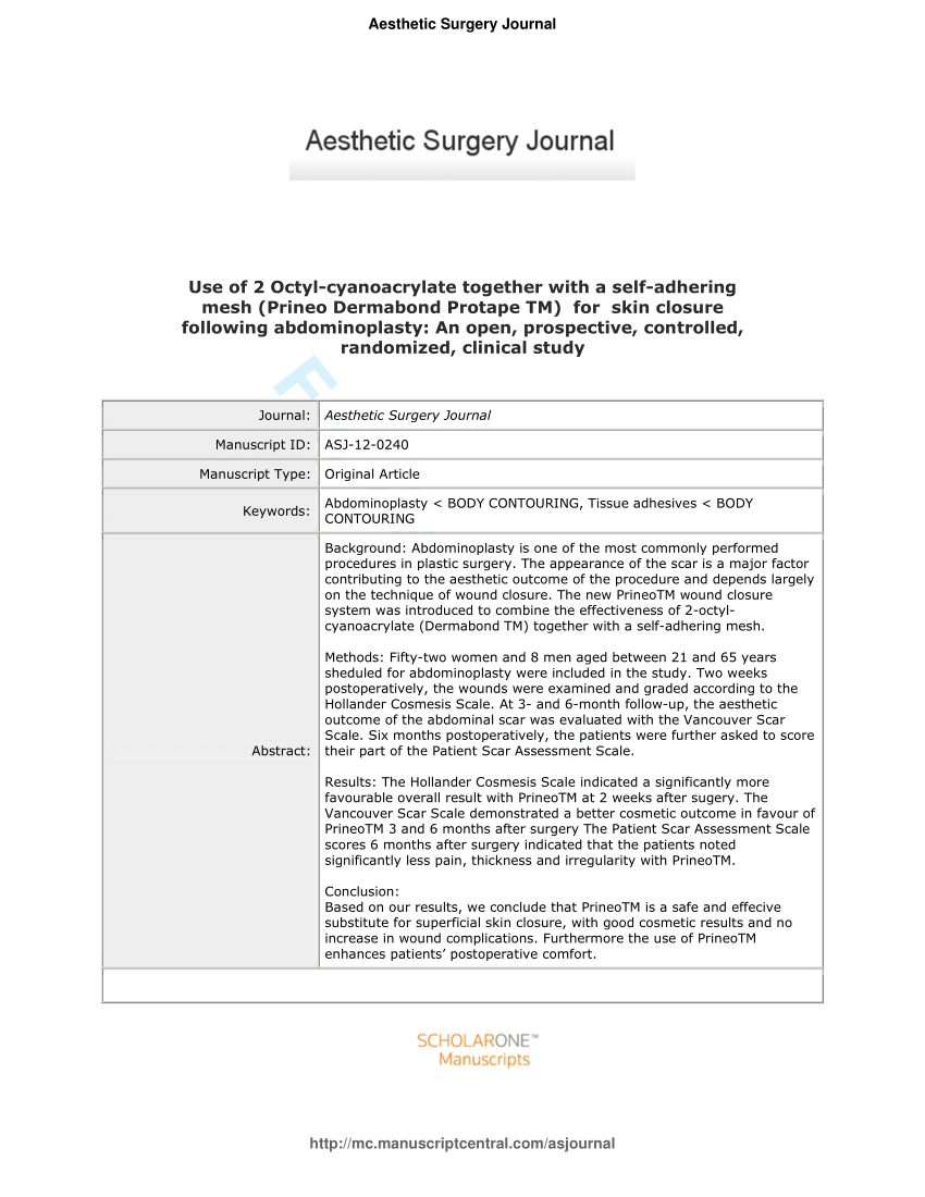 PDF) Use of 2-Octyl Cyanoacrylate Together with a Self-Adhering