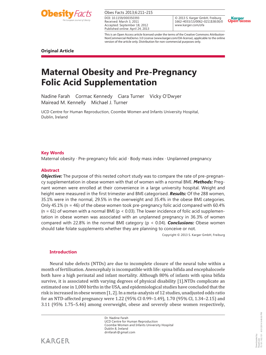 Pdf Maternal Obesity And Pre Pregnancy Folic Acid Supplementation